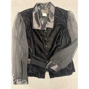 Vtg Y2K R&K Evening Velvet Sheer Sleeve Blouse Black Satin Trim Rhinestone Sz 18